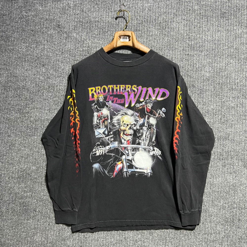 Vintage Brothers In The Wind T Shirt Mens L Black Flame Sleeve Harley USA HD